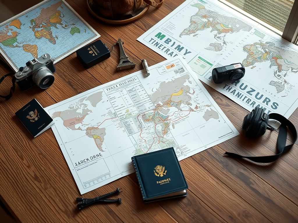 A flat lay of travel maps, cameras, passports, and headphones on a wooden table, evoking adventure and exploration.