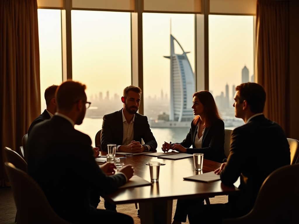 Businesspeople discussing at a conference table with a view of Dubai skyline including the Burj Al Arab.