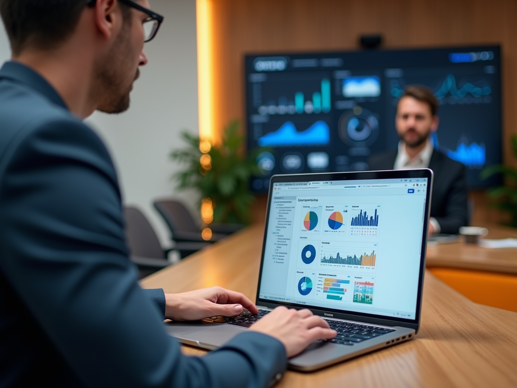 Businessman working on a laptop with charts, another man in the background near a digital data screen.