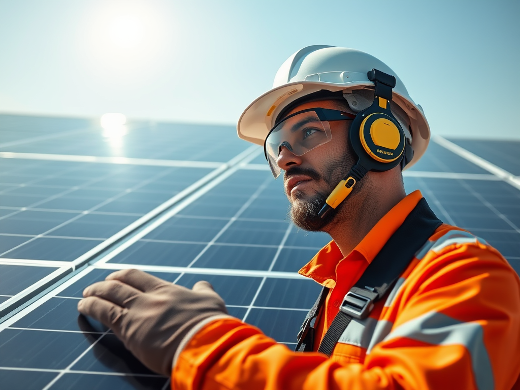 A worker in an orange safety suit inspects solar panels while wearing a helmet and headphones under bright sunlight.