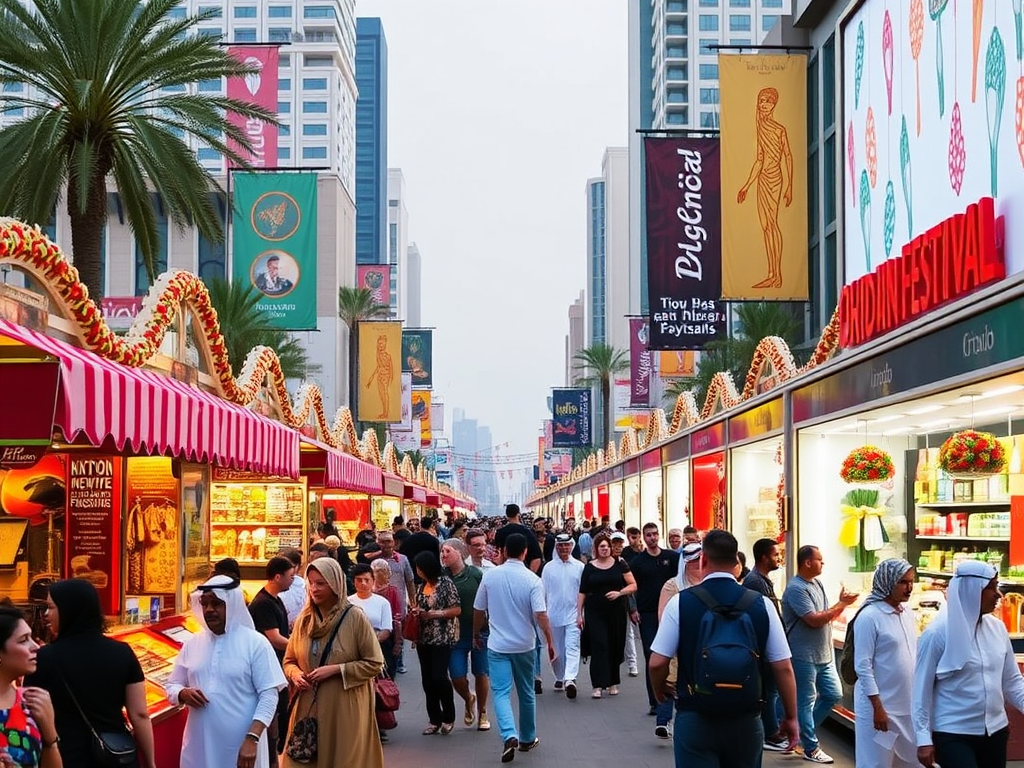 A lively street market filled with people, vibrant stalls, and palm trees, featuring food and colorful banners.