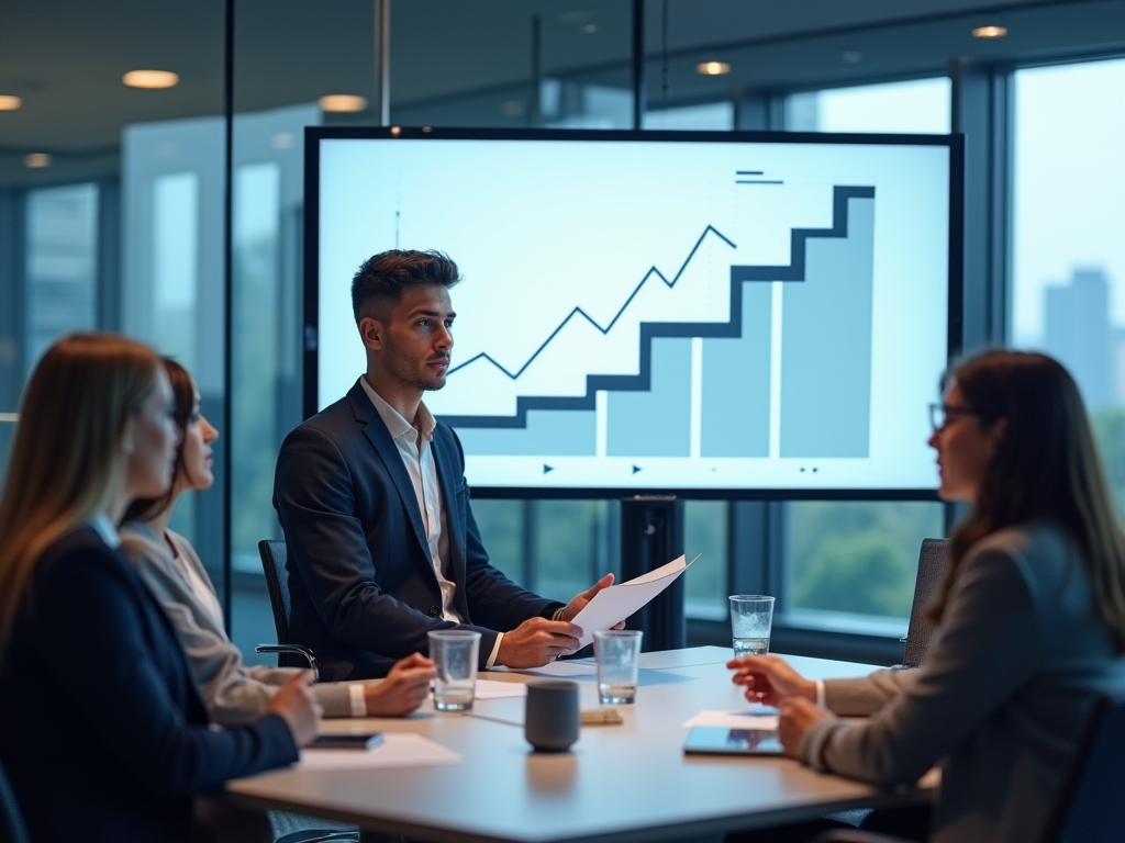 Business professionals discussing a growth chart in a modern office meeting room.