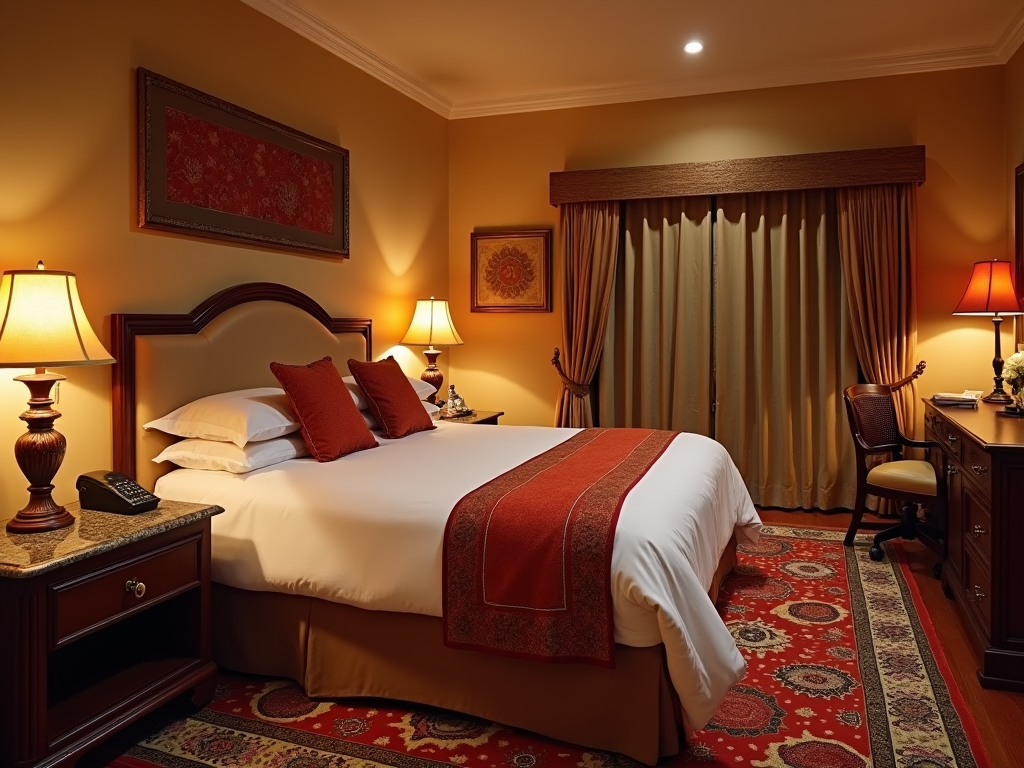 Cozy hotel room with a plush queen bed, elegant lamps, and rich red accents.