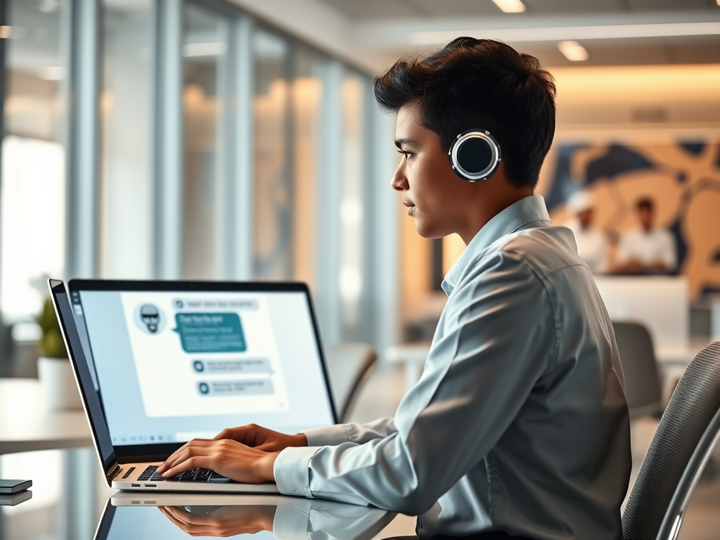 A focused person wearing headphones works on a laptop, engaging with a chat interface in a modern office setting.