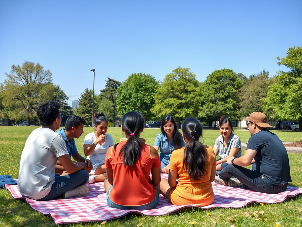 A group of eight people sitting in a circle on a picnic blanket, engaged in conversation outdoors on a sunny day.